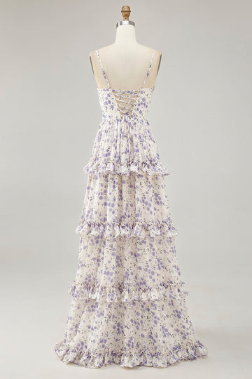 Fiore viola stampato una linea di taglio abito da sposa ospite con fessura